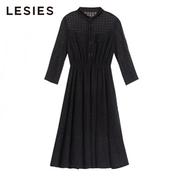 LESIES蓝色倾情春秋女装线下商场同款黑色纽扣装饰蕾丝连衣裙