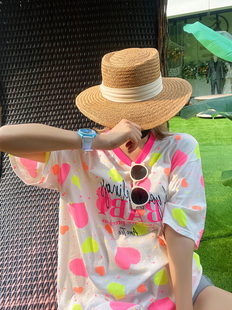 智研 夏季韩国洋气可爱荧光粉黄彩色爱心休闲宽松度假风大T恤