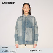 ambush女士蓝色，logo刺绣拼接设计牛仔，拼布长袖衬衫