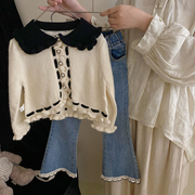 EYAS娃娃领针织开衫套装2023秋装女童花边蕾丝牛仔喇叭裤两件套