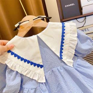 韩韩良品女童海军领甜美小格子短袖公主连身裙2023夏装洋装