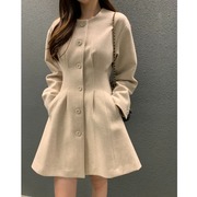 韩国东大门chic2023冬季复古收腰圆领纯色单排扣毛呢大衣外套