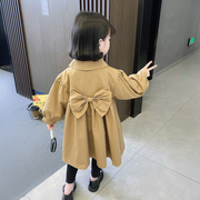 女童风衣韩版春装外套2024洋气儿童中长款时尚蝴蝶结外穿上衣