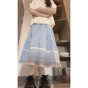韩系设计感小众甜美少女蓝色半身裙女甜美减龄高腰撞色格子长裙