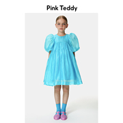 pinkteddy童装女童泡泡袖连衣裙，23夏装儿童蓝色，蓬蓬裙a字裙