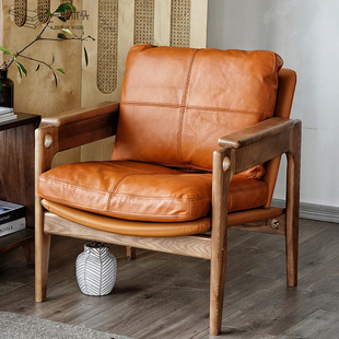 北欧实木休闲单人沙发，椅家用设计师阳台，真皮沙发复古扶手布艺椅子