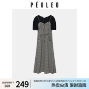 飘蕾假两件吊带连衣裙女2024夏季时尚，条纹显瘦短袖圆领长裙