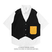HTTAOSUP美式学院风设计感黑白拼色假两件短袖衬衫男潮牌宽松衬衣