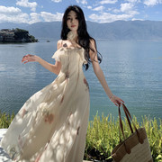 新中式国风女装三亚旅游海边度假荷叶边吊带连衣裙垂坠感仙气长裙