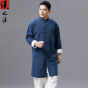 中国风苎麻春秋男装外套，中长款棉麻长衫中式立领，汉服挽袖加绒风衣