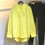 衬衫女大领子系带，春季黄色气质百搭尖领宽松长袖衬衣上衣