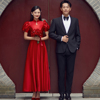 影楼拍照主题服装情侣写真婚纱中国风泡泡袖酒红色旗袍款复古礼服