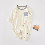 新生婴儿连体衣薄款夏季长袖女宝宝六个月纯棉空调服睡衣无骨