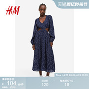 hm女装连衣裙夏季时尚气质法式优雅高腰灯笼袖镂空长裙1167425