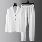 高端西装套装男士春夏季薄款白色，痞帅长袖男装，时尚休闲两件套帅气