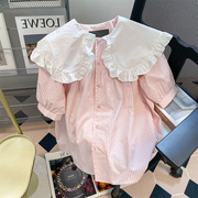女童短袖衬衫2023夏季法式甜美娃娃领粉色条纹，衬衫洋气上衣潮