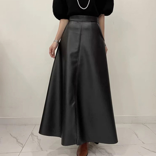韩国chic秋季复古气质高腰双口袋宽松休闲百搭长款黑色PU皮半身裙