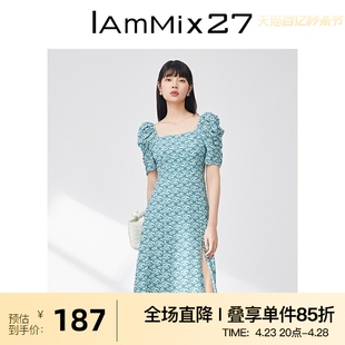 iammix27法式v领连衣裙，女个性不对称开衩时尚，高腰雪纺短袖a字裙女