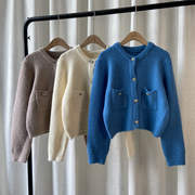 2021秋季蓝色毛衣外套女韩版圆领小香风气质针织衫厚款开衫潮