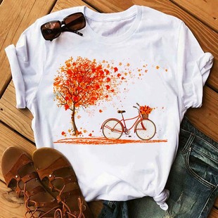 自行车时尚T恤女夏季休闲T恤T恤原宿韩式图案上衣卡哇伊女T恤女装