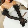 性感黑丝手套长款弹性蕾丝花边，珍珠网纱拉丁表演黑色婚纱礼服手套