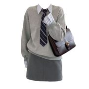 大码胖妹妹韩版学院风拼接衬衫，假两件长袖卫衣，+灰色a字半裙套装女