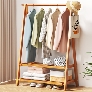 挂衣架落地简易实木家用卧室内晾包晒衣服，多功能衣帽架子折叠置物