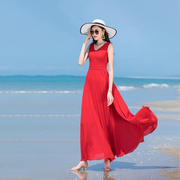红色裙女夏季大裙摆修身无袖雪纺沙滩长款v领高腰显瘦白色连衣裙