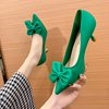 3-5厘米绿色婚鞋性感高跟鞋女新娘蝴蝶结尖头单鞋细跟宴会工作3cm