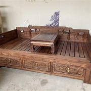 推拉罗汉床实木新中式抽拉床老榆木多功能床，定制伸缩沙发床