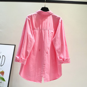 玫粉红色设计感后开叉长袖棉，衬衫女2023春秋韩版茶歇法式小众上衣