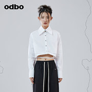 odbo欧宝设计感小众系带短款上衣2022年夏季休闲白色长袖衬衫女潮