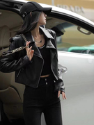 短款黑色pu皮衣外套，女2024年小个子美式机车服，翻领皮夹克上衣