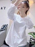 韩国纯色圆领蕾丝花边纯棉，长袖女秋季2023时尚百搭洋气上衣