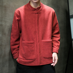 红色工装外套中国风立领盘扣唐装，复古中式大码夹克，加绒加厚棉衣男