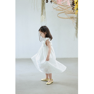 Aimie Kids 2023夏 女童白色度假风镂空绣花长款无袖背心连衣裙