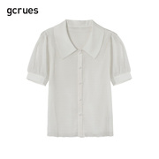 gcrues褶皱肌理感衬衫轻薄2024夏季娃娃领白色单排扣上衣短袖