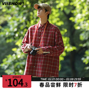 viishow2024春季红色格子长袖衬衣，男款宽松休闲纯棉衬衫男士