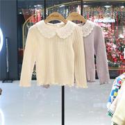 cheek韩国童装代2024年春季女童纯色蕾丝娃娃领长袖T恤打底衫