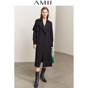 amii2024秋季高级感风衣女雪纺拼接设计大衣长款黑色压褶外套