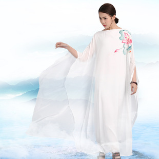 佛笑缘禅舞服装女白色禅意，飘逸连衣裙复古中国风，手绘荷花仙气长裙