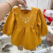 韩国童装23冬女童宝黄色荷叶，边翻领上衣裙，衫拼接打底裤套装
