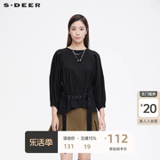 sdeer圣迪奥女装，压褶收腰黑色长袖衬衫，上衣女设计感小众s21360529