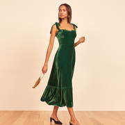 refor法式宫廷风绿色丝绒吊带，连衣裙轻奢名媛，派对礼服裙气质长裙