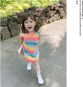 女童卡通条纹连衣裙，夏季2023中长款宝宝童装圆领，短袖儿童裙子