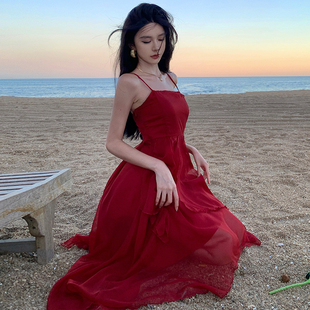 女神出游度假不规则仙女裙酒红色超仙雪纺裙吊带连衣裙海边沙滩裙