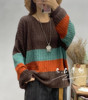 棉线针织2023秋冬季时尚，上衣女宽松拼色毛衣，圆领长袖套头衫