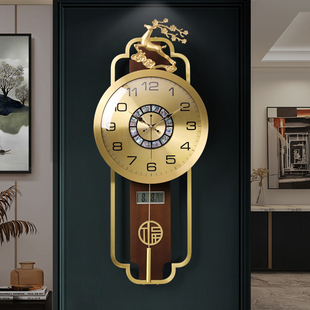 新中式挂钟2022黄铜客厅，家用钟表高档大气时钟挂墙石英钟机芯