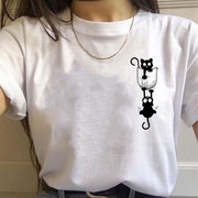 pocket cat可爱卡通口袋黑猫印花T恤女短袖夏季欧美宽松百搭