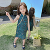 女童夏季旗袍裙2024儿童夏装，洋气孔雀蓝连衣裙，宝宝气质公主裙